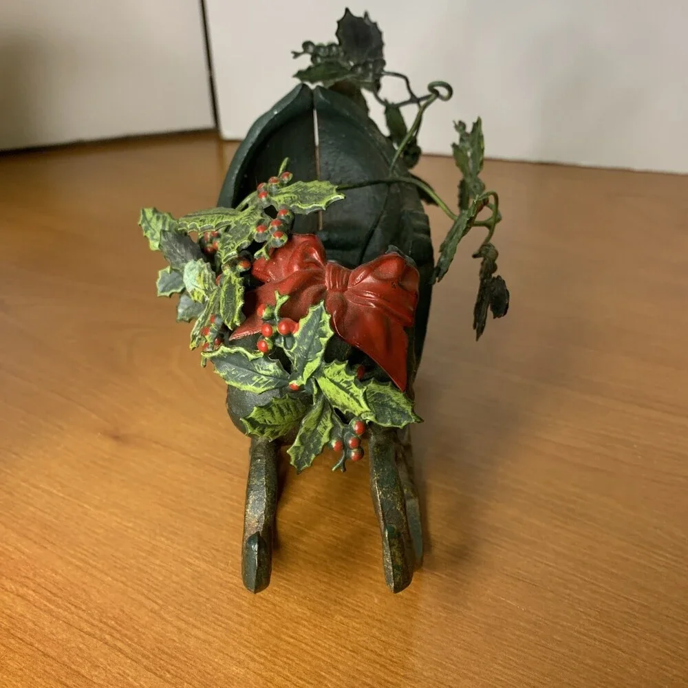 Vintage Cast Iron Christmas Sleigh Candle Holder With Metal Holly